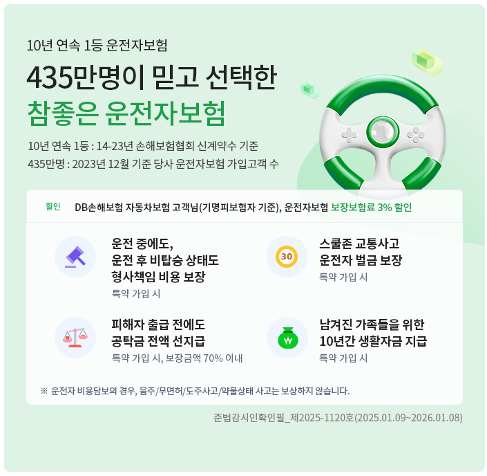 DB 다이렉트 운전자보험 보장 내용